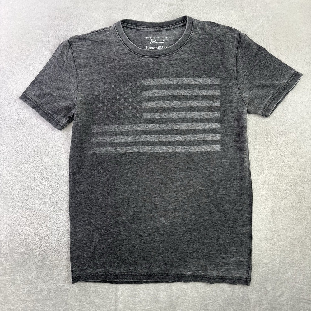 Lucky Brand Venice Burnout Grey Short Sleeve USA Flag Light Shirt Men's Small
